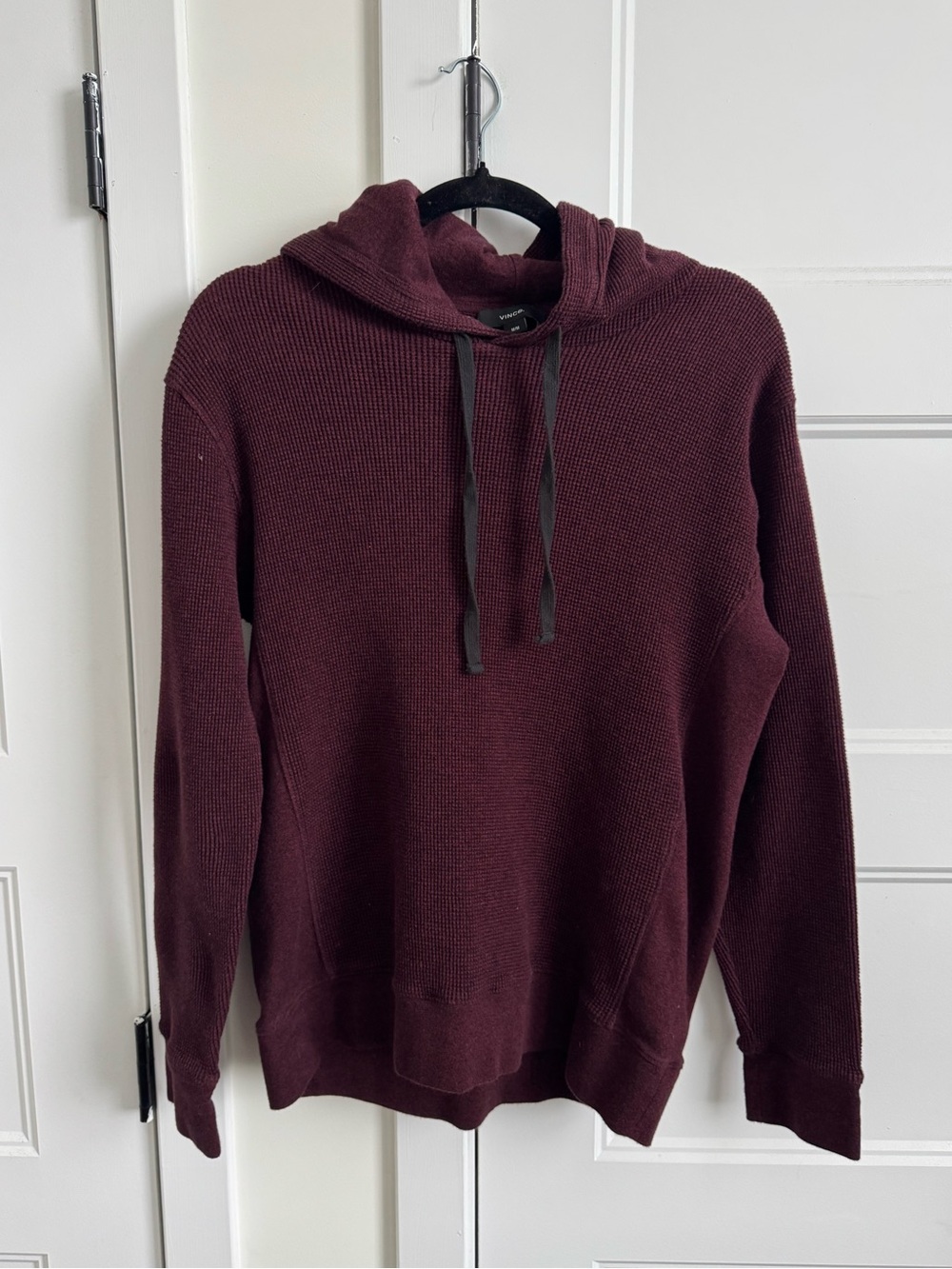 Vince Waffle Knit Maroon Pullover Contrast Drawstring Hoodie | 100% Pima Cotton